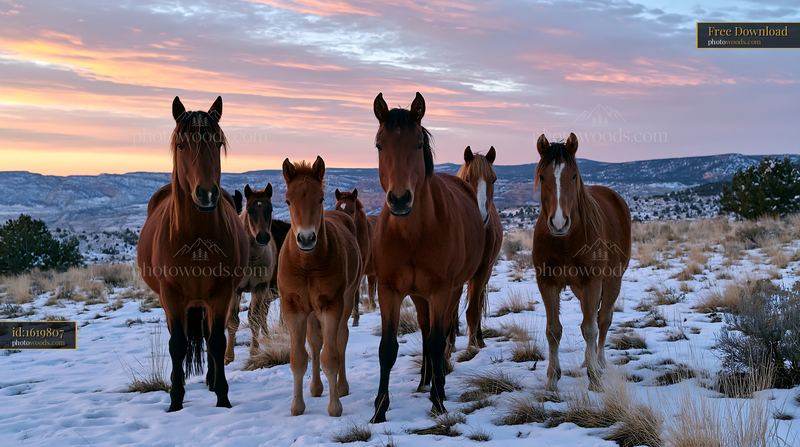 Wild horses walking together near canyon cliffs at sunset