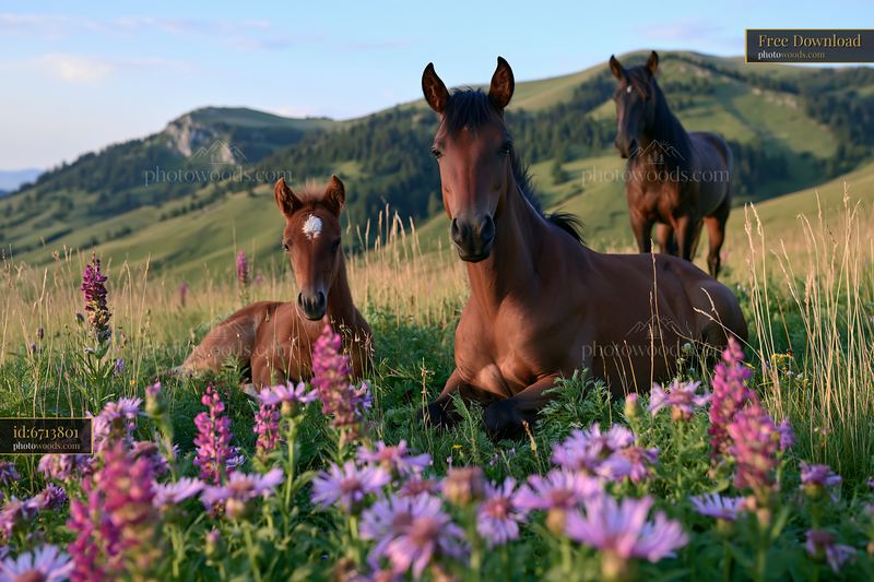 Wild horses resting in a field after running across the meadow