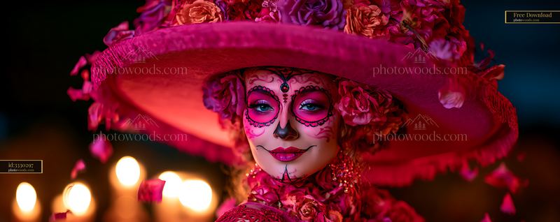Woman in Bright Sugar Skull Makeup Wearing a Large Pink Hat