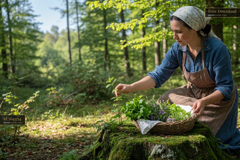 Woman Collecting Herbs in a Forest
