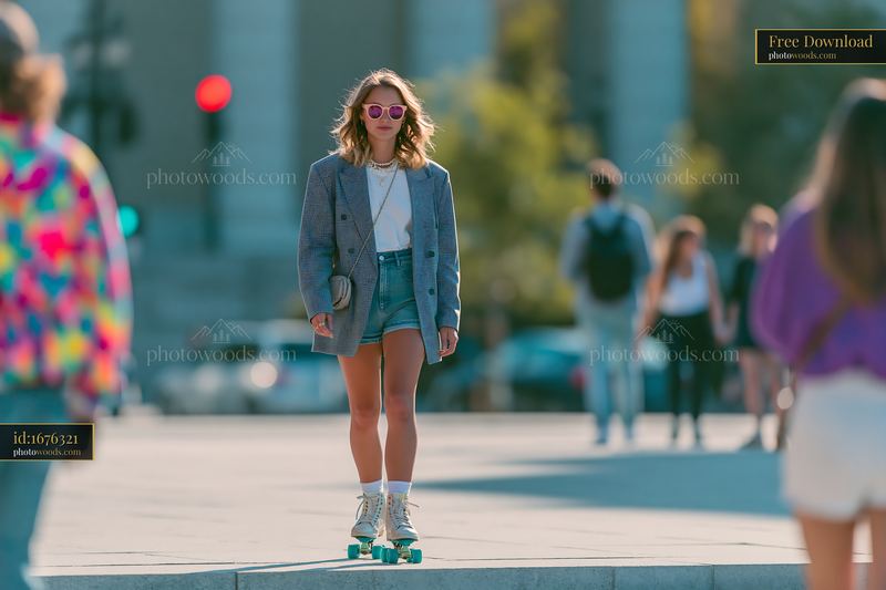 Woman Skating in Oversized Blazer and Shorts in Urban Setting