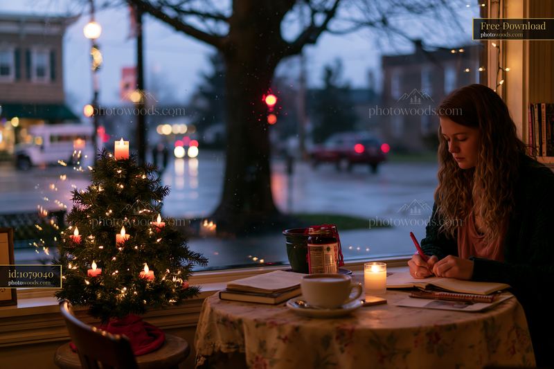 Festive coffee shop interior with woman writing beside a lit tree