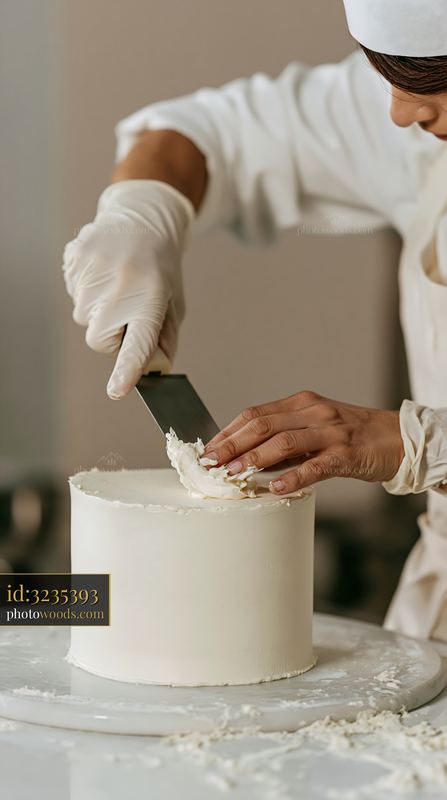 Minimalist wedding cake preparation with baker in kitchen