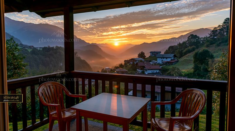 Beautiful sunset view from a balcony of a Swiss mountain hotel