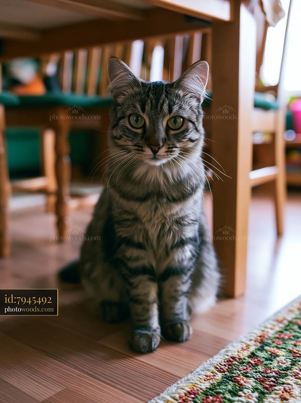 Bambino cat indoors on the floor near furniture