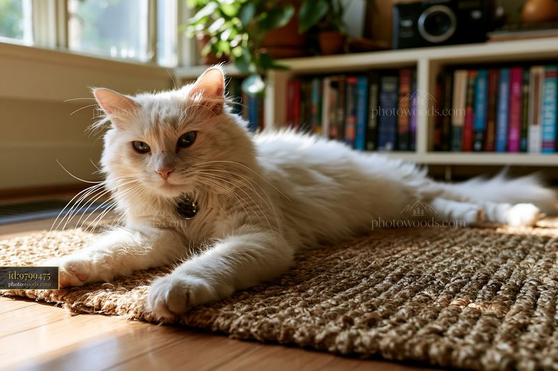 Bambino cat resting indoors on a woven mat in a cozy room