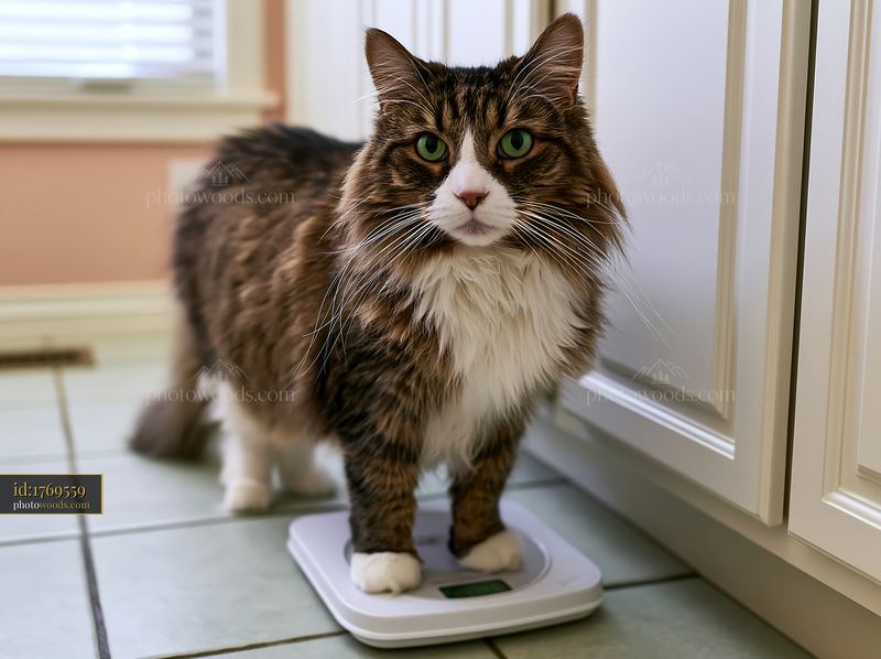 Bambino cat standing on a scale in a kitchen