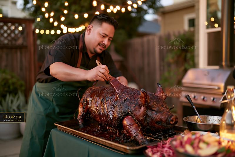 Barbecue chef tending roasting pig in backyard setting