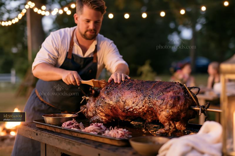 Barbecue chef tending roasting pig at outdoor gathering