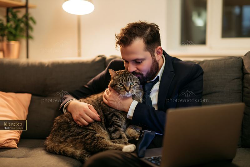 Man kissing and holding a cat on a sofa at home