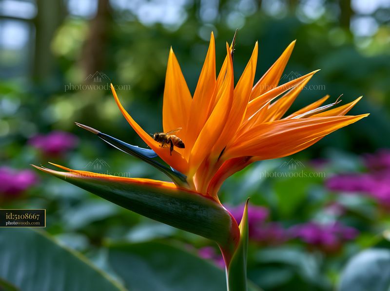 Bird of paradise flower with bee in a greenhouse setting