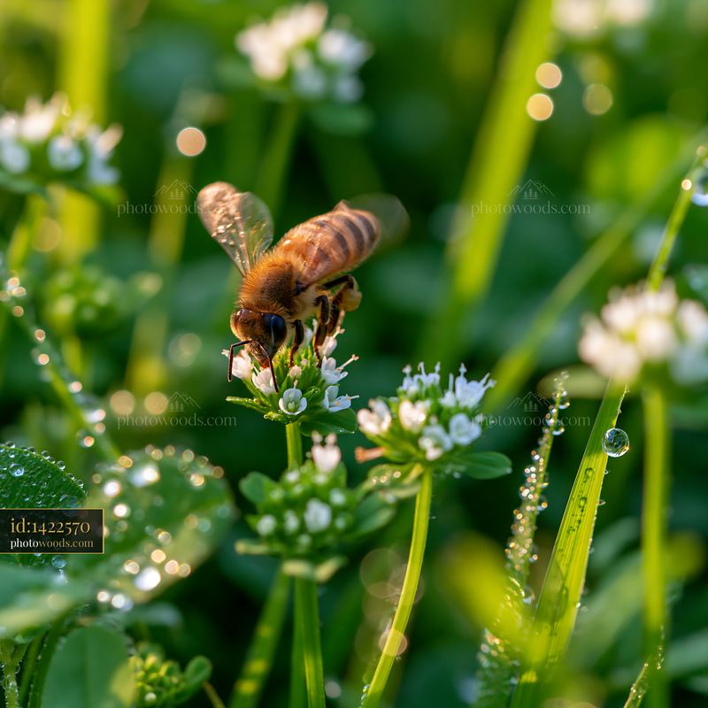 Bee gathering nectar from dew-covered meadow grass