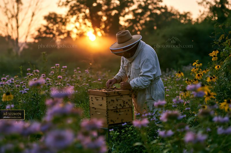 Beekeeper harvesting honey in a field at sunset