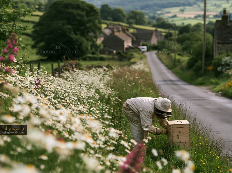 Beekeeper tending to bees on a wildflower meadow by a country road