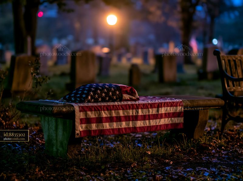 Military cemetery at night with a flag on a bench