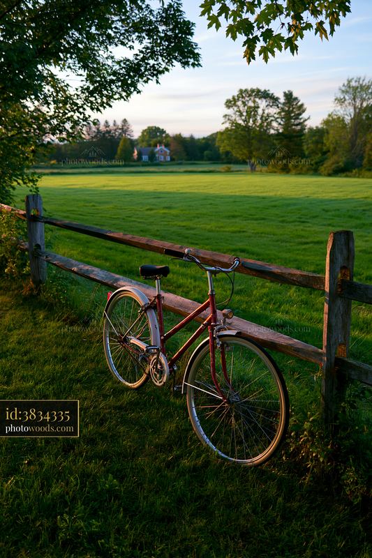 Bicycle near a freshly mowed meadow at sunset