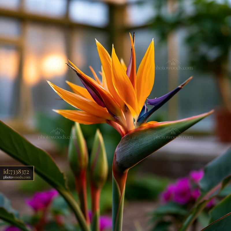 Colorful bird of paradise flower in a greenhouse