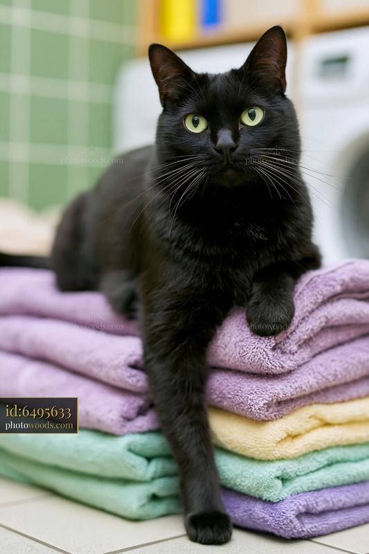 Black cat resting on folded towels in a laundry room
