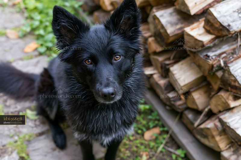 Portrait of a black dog sitting near stacked firewood