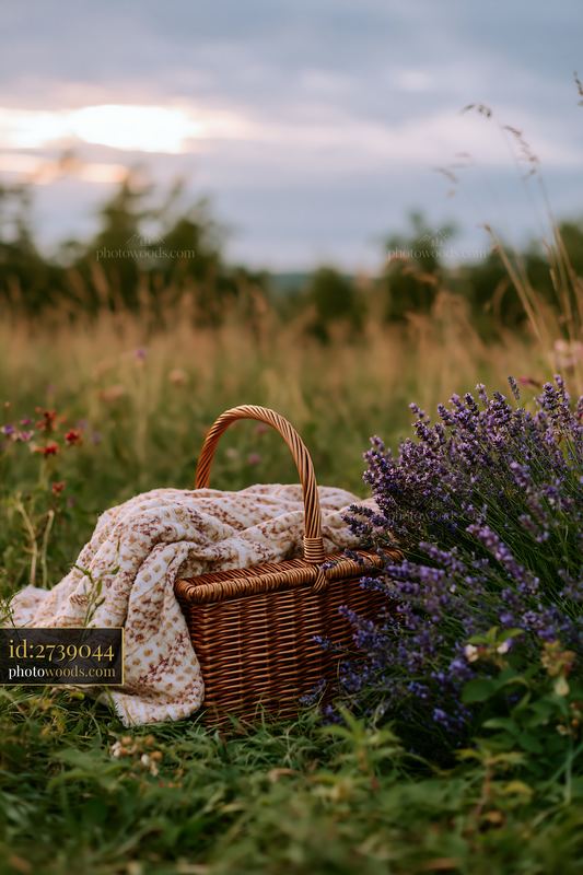 Blanket and basket in a meadow with lavender for picnic advertising