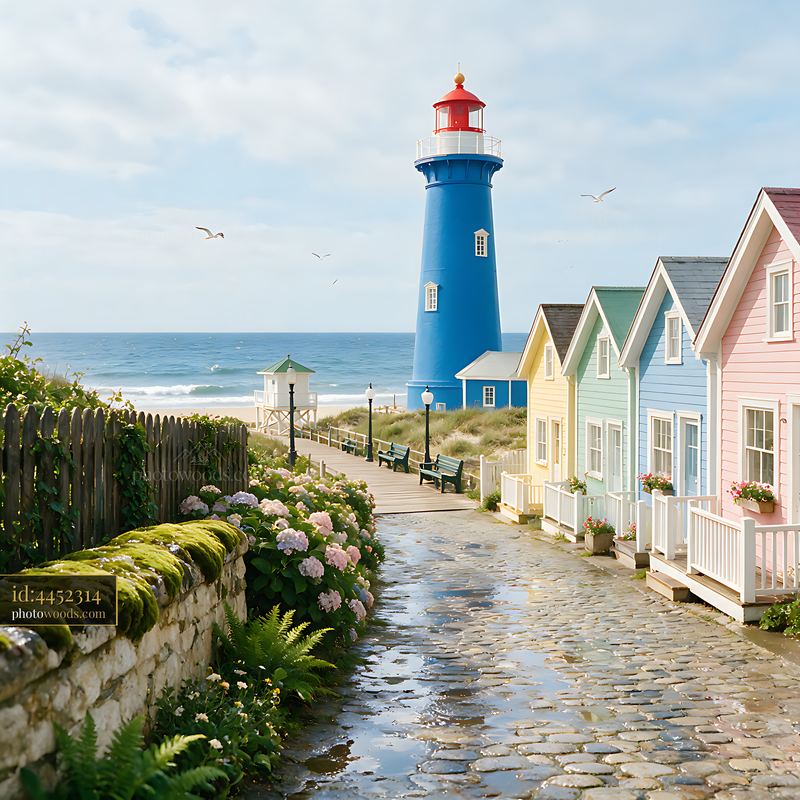 Lighthouse near colorful beach cottages in coastal setting