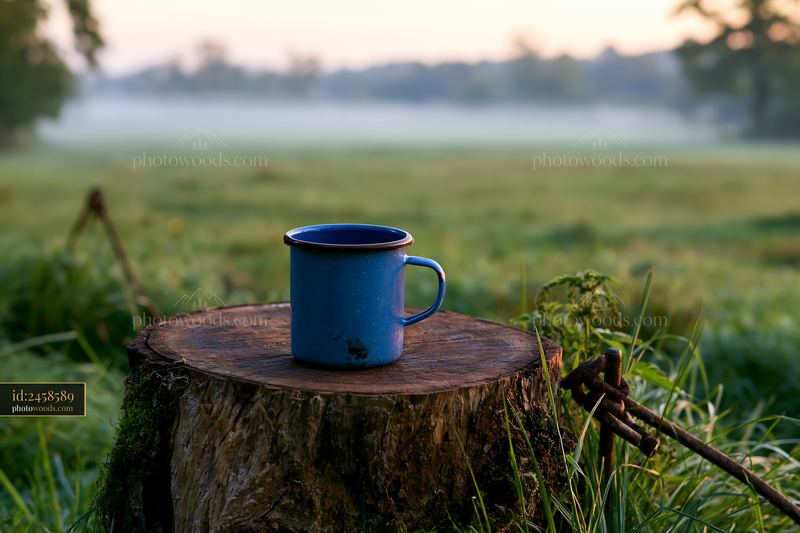 Blue mug on a wooden stump in a freshly mowed meadow