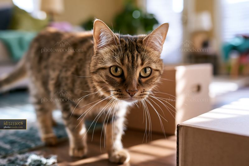 Bombay cat exploring indoors near cardboard boxes