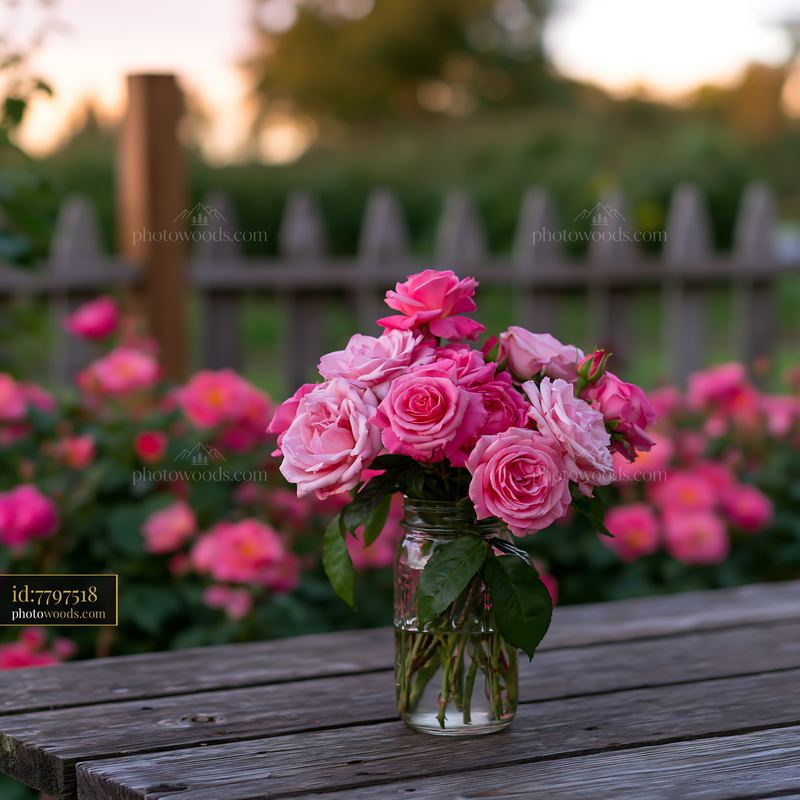 Cottage garden with blooming roses at sunset