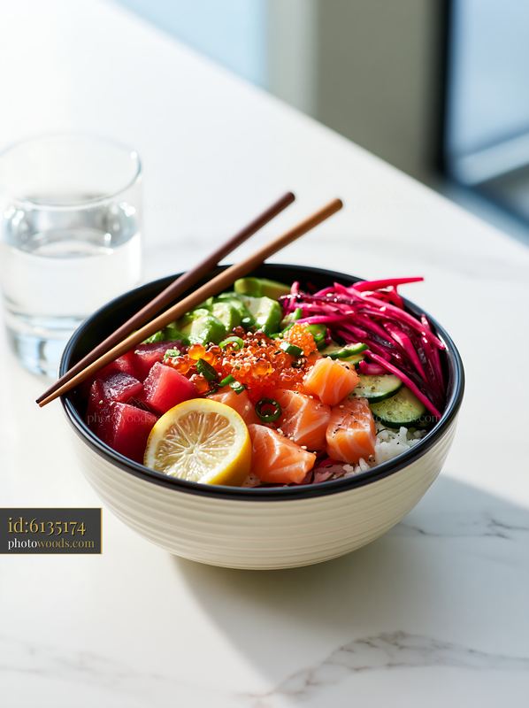 Sushi with chopsticks resting on bowl with salad and glass of water