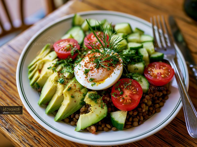 Healthy salad bowl with avocado and poached egg