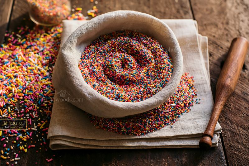 Rainbow sprinkles arranged in a swirl on a wooden table
