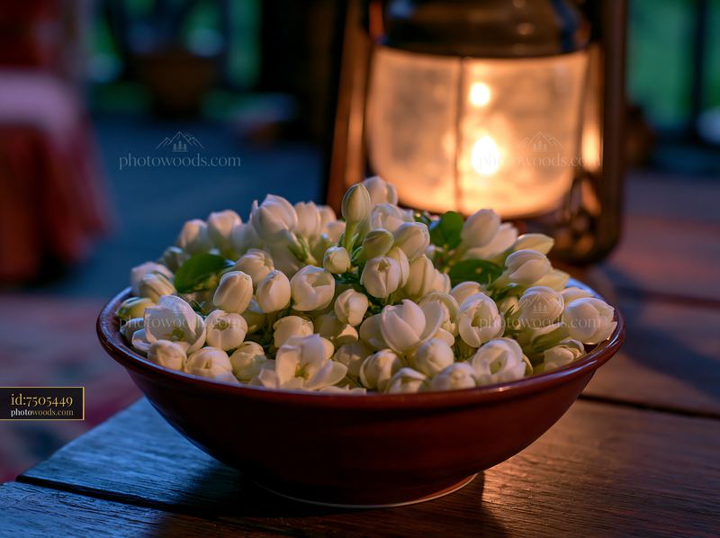 Jasmine flowers at dusk in a bowl near a lantern