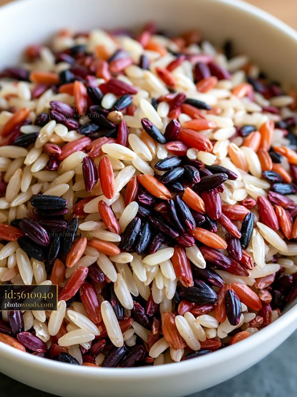 Multicolor rice grains forming swirl in a bowl