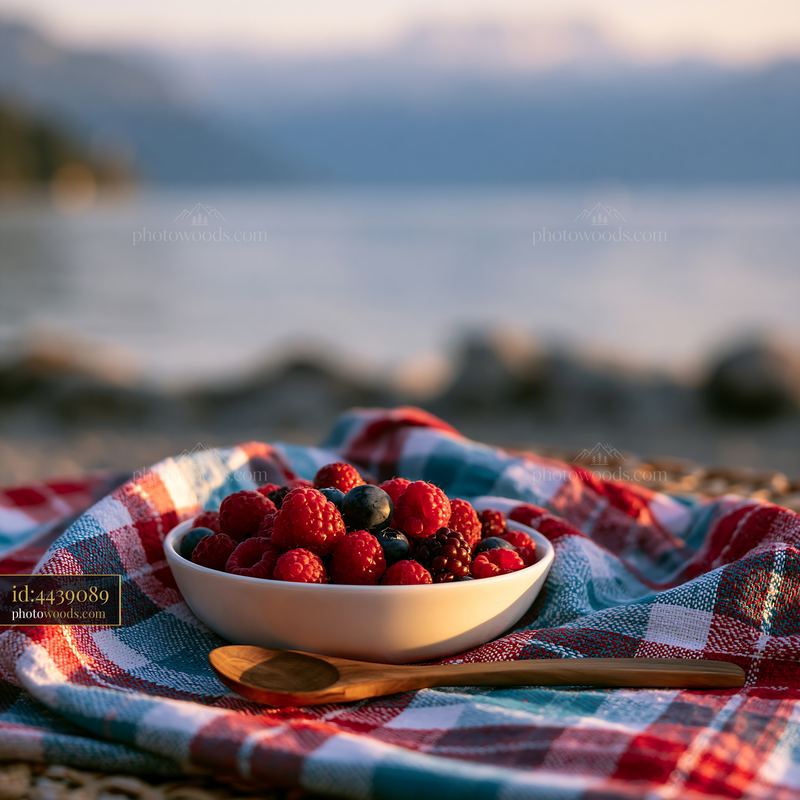 Picnic basket with berries by alpine lake in Switzerland