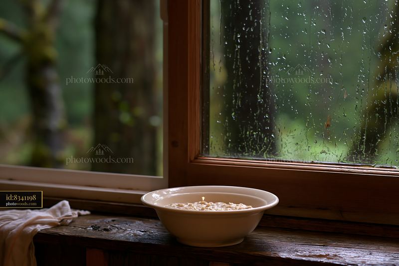 Rainy forest cabin interior by window with soft light