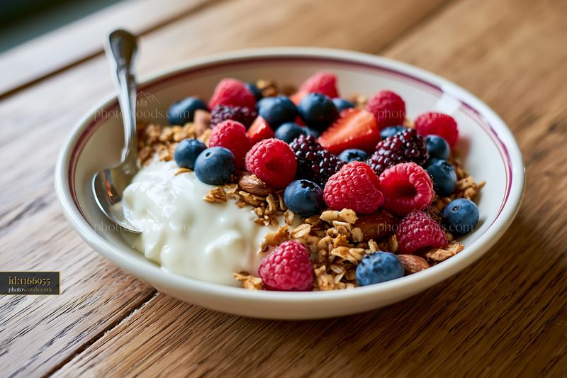 Healthy breakfast plate on wooden table with berries and yogurt