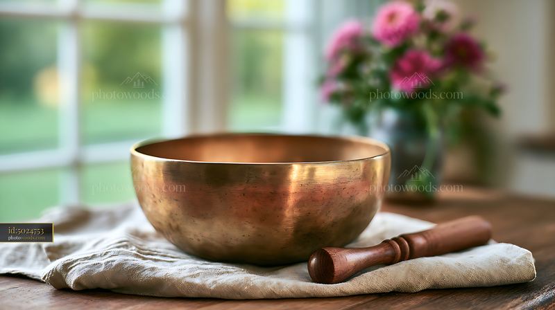 Brass bowl and wooden mallet on table with flowers in background