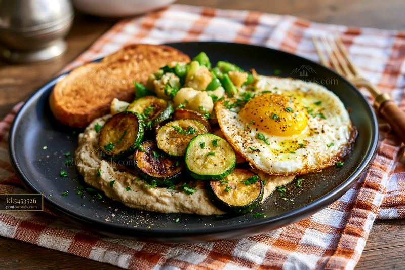 Delicious breakfast plate with hummus, eggs, and vegetables