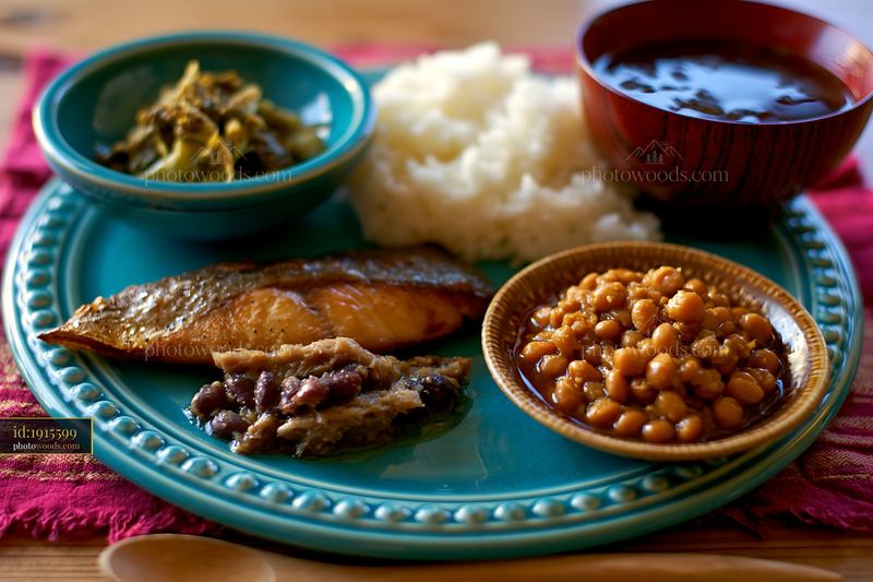 Breakfast plate with Japanese breakfast including fish and rice