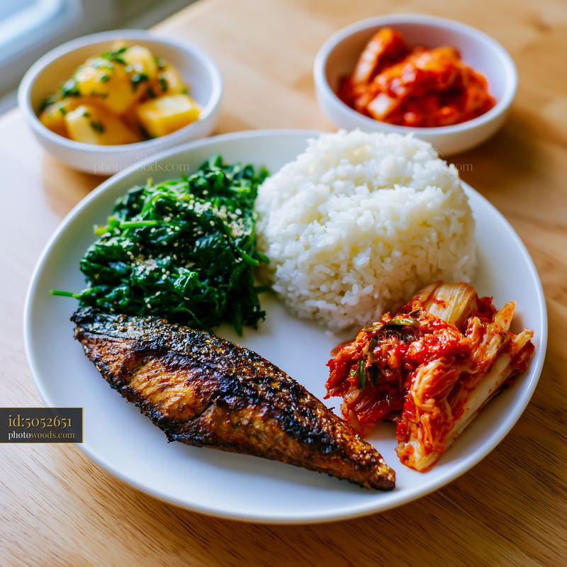 Breakfast plate featuring Korean breakfast with fish and rice