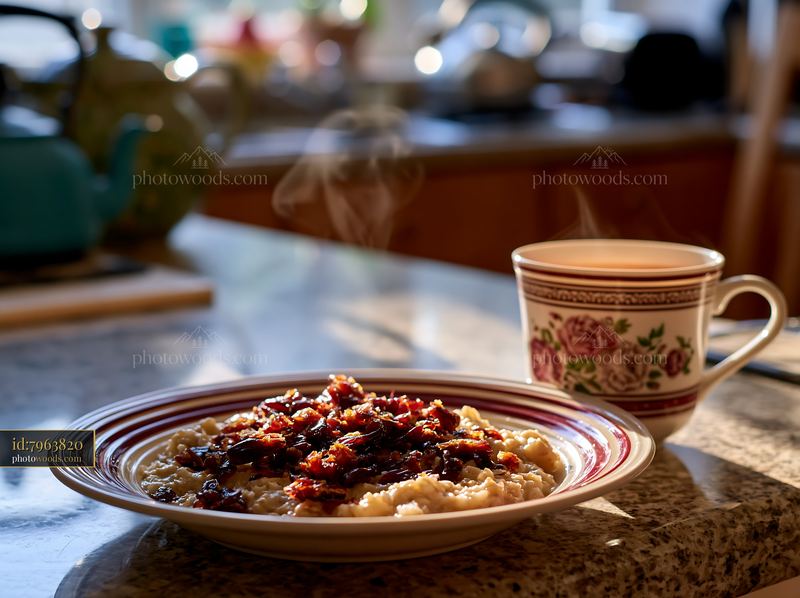 Breakfast plate with oatmeal and hot drink in a kitchen setting