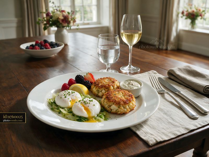Breakfast plate with poached eggs and crab cakes on a wooden table