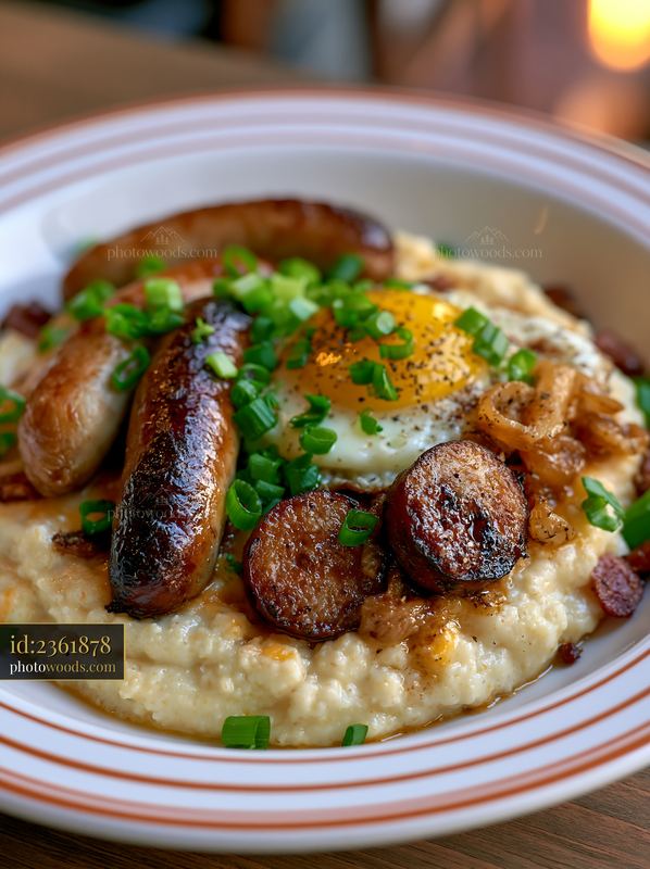 Breakfast plate with sausage, egg, and grits