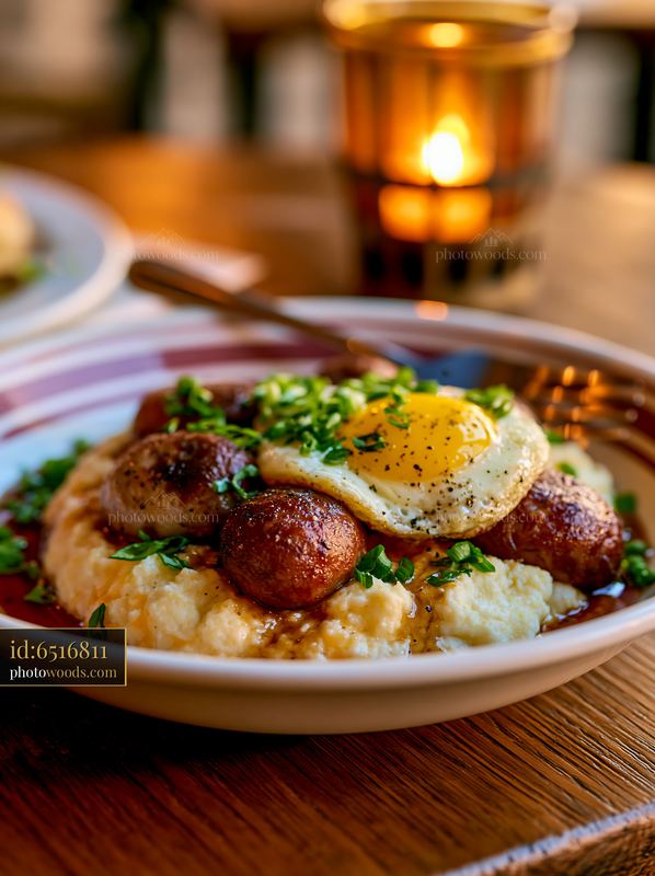 Breakfast plate with sausage and fried egg served with creamy grits