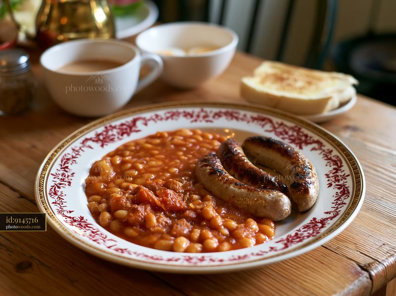 Delicious breakfast plate with sausage and baked beans