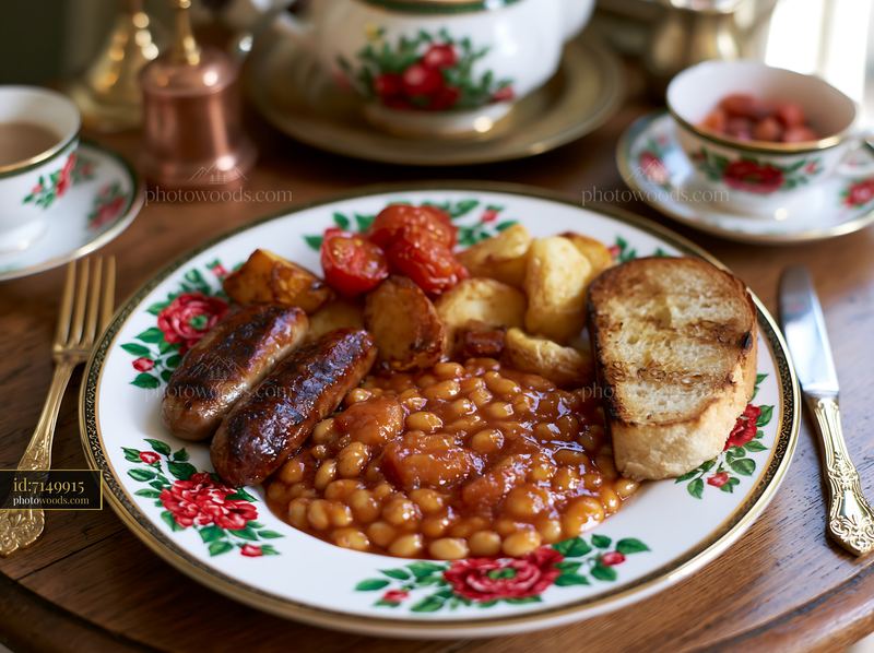 Breakfast plate with sausage and baked beans on a floral plate