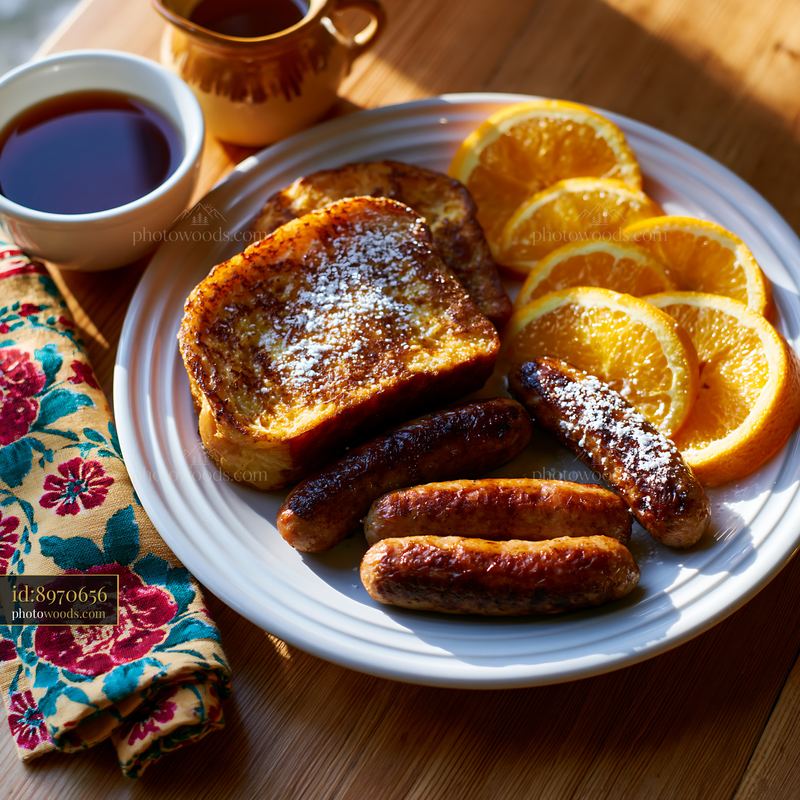 Breakfast plate with sausage, toast, and orange slices
