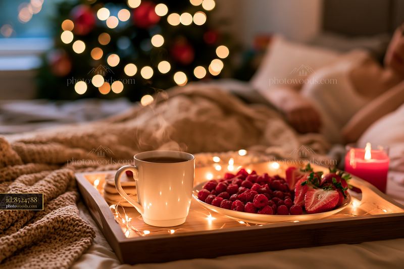 Christmas breakfast tray in bed with coffee and fresh fruit
