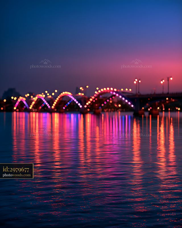 Colorful bridge lights reflecting on water at dusk