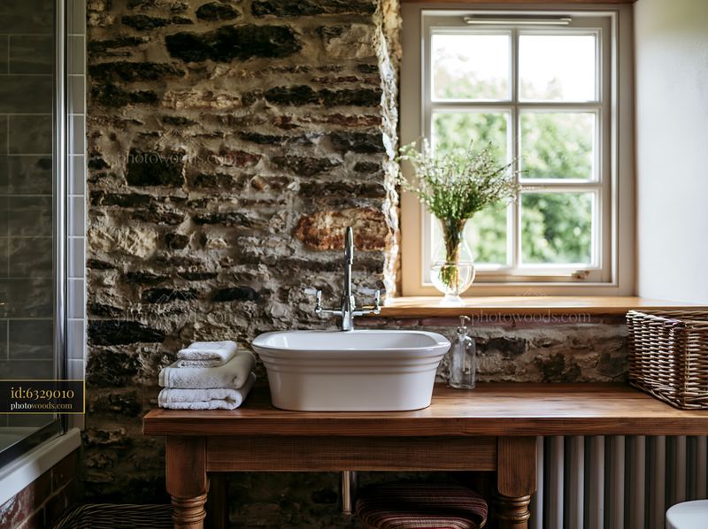 Farmhouse interior featuring exposed stone wall with light details